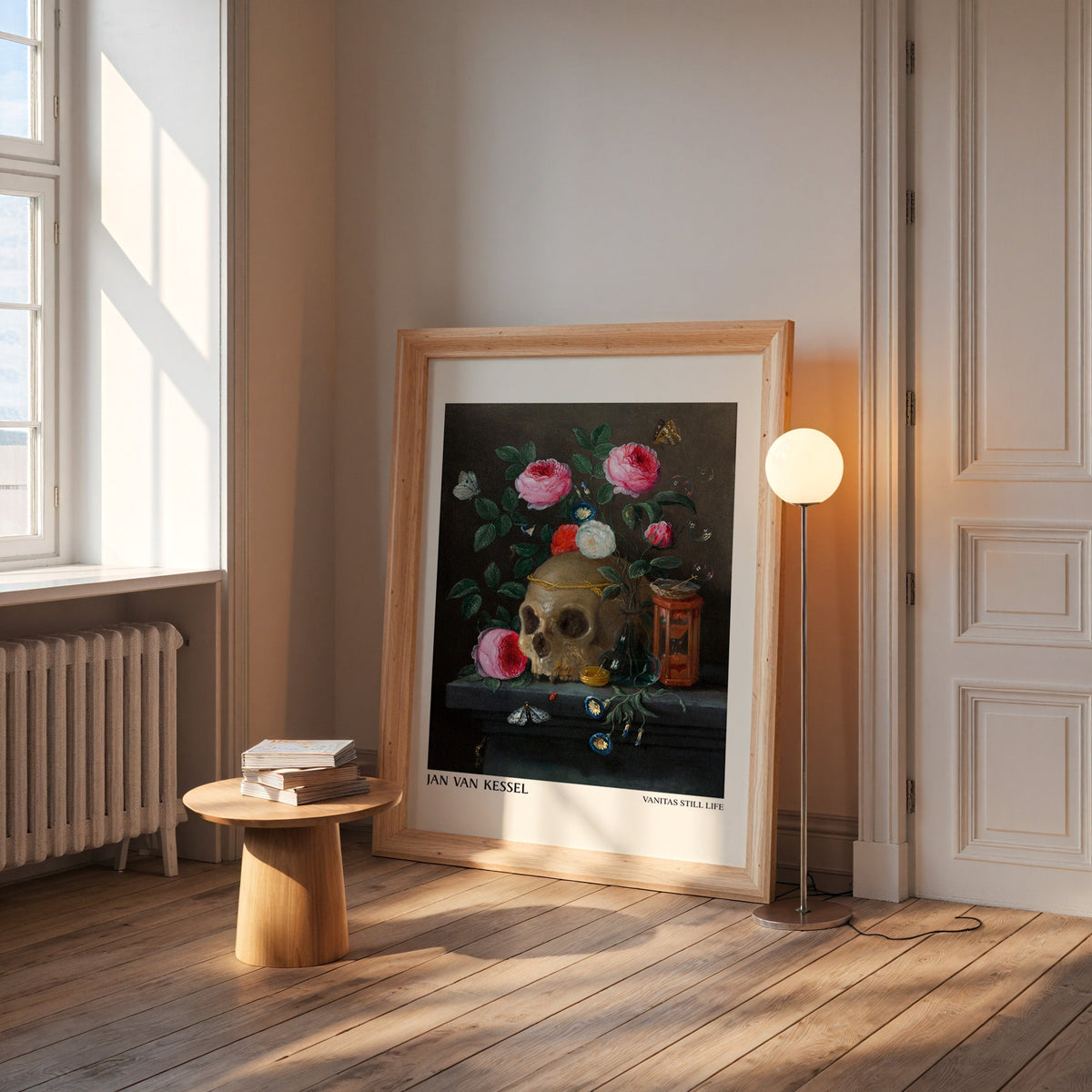Van Kessel vanitas print in a wide pine frame leaning by a sunlit window