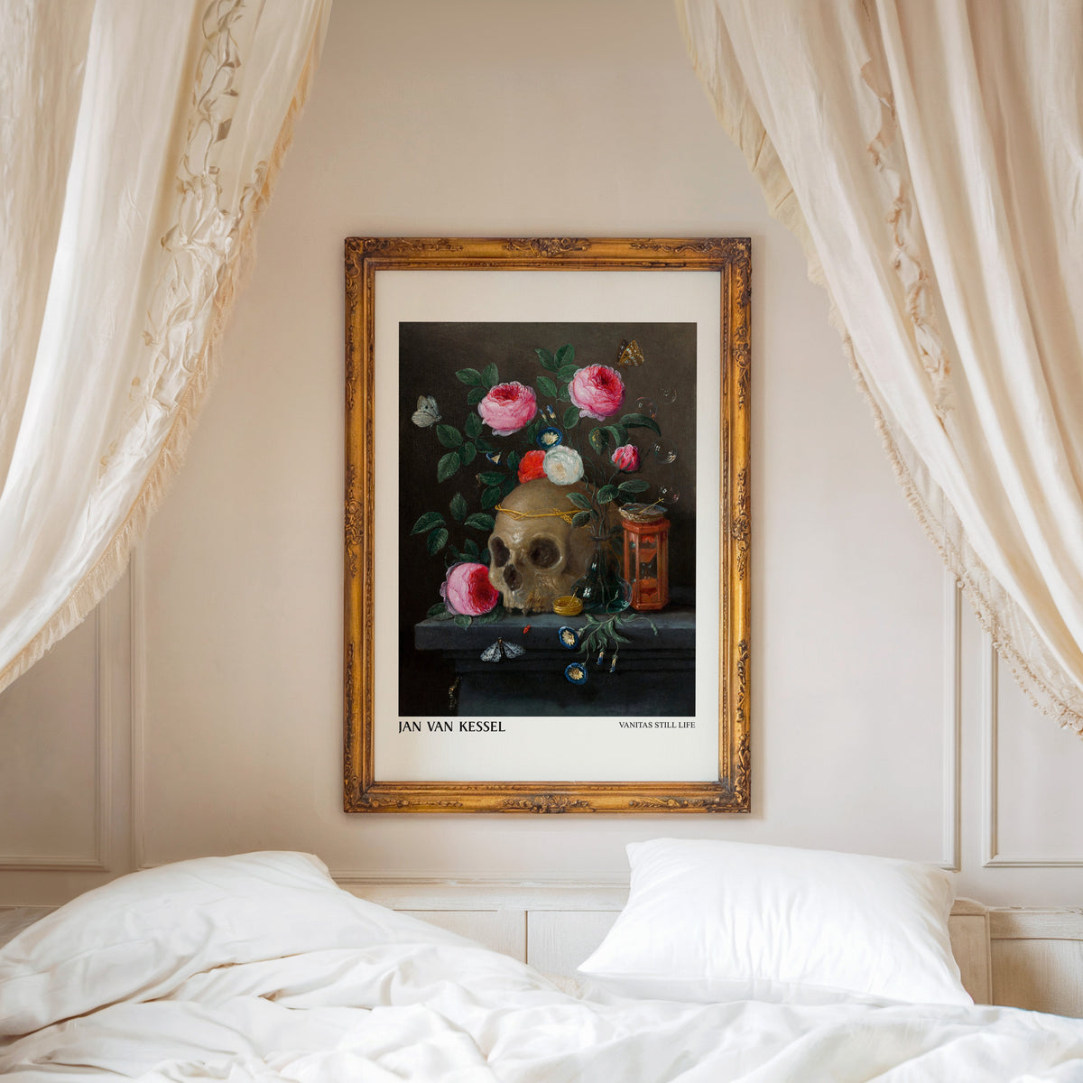 Skull and roses print shown in an ornate gold frame above a canopy bed