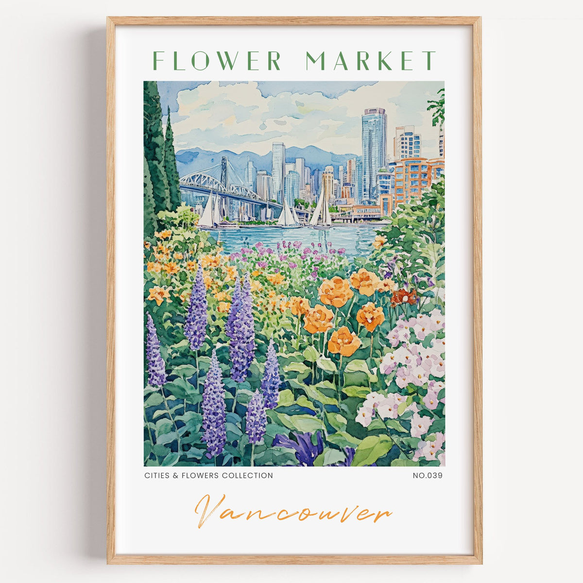 Vancouver flower market print in a light oak frame on a plain white wall