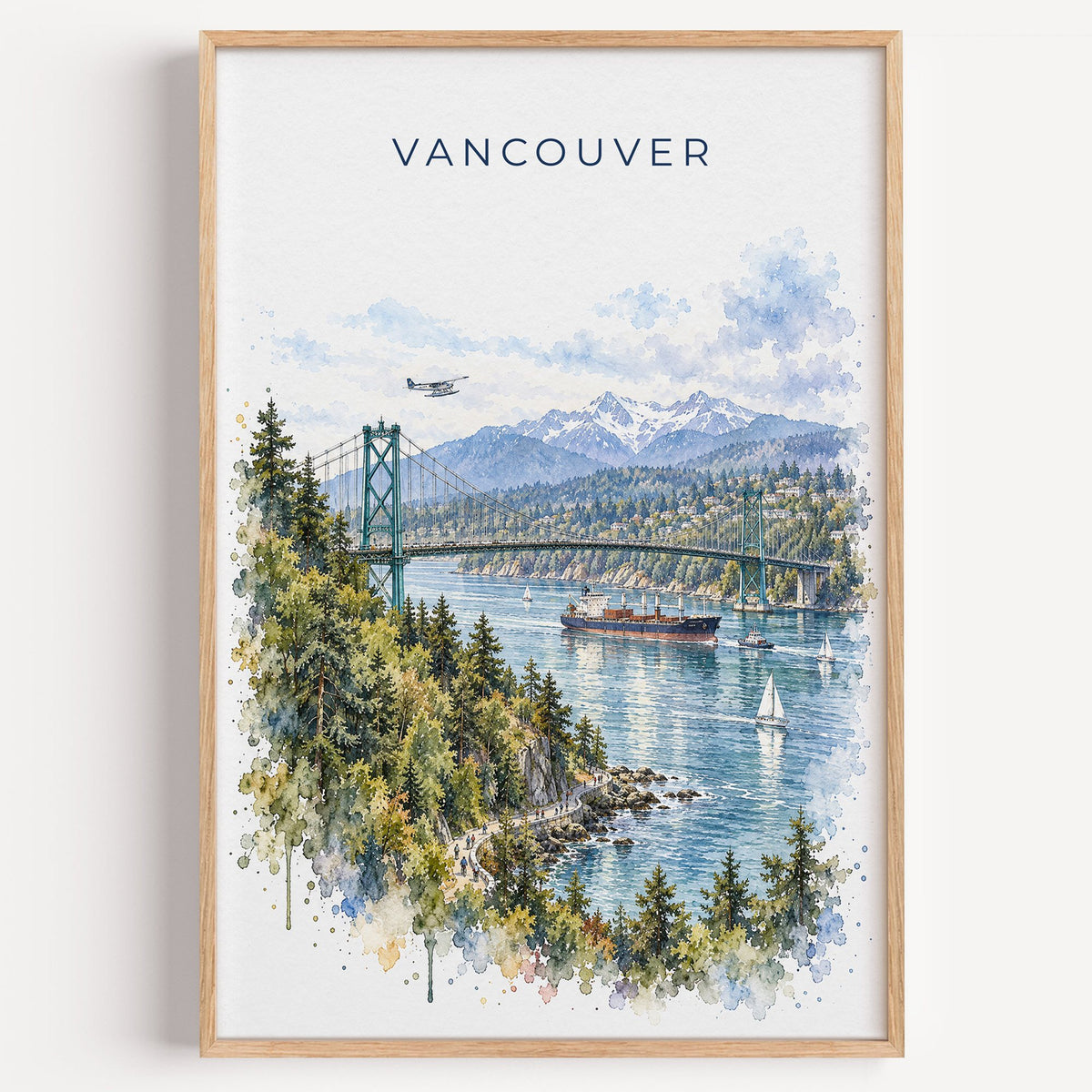 Vancouver watercolor print in a light oak frame on a plain white wall
