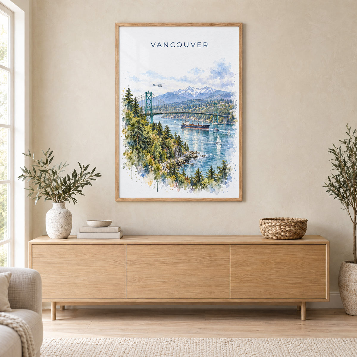 Vancouver watercolor print in an oak frame above a light wood sideboard in a Scandinavian living room