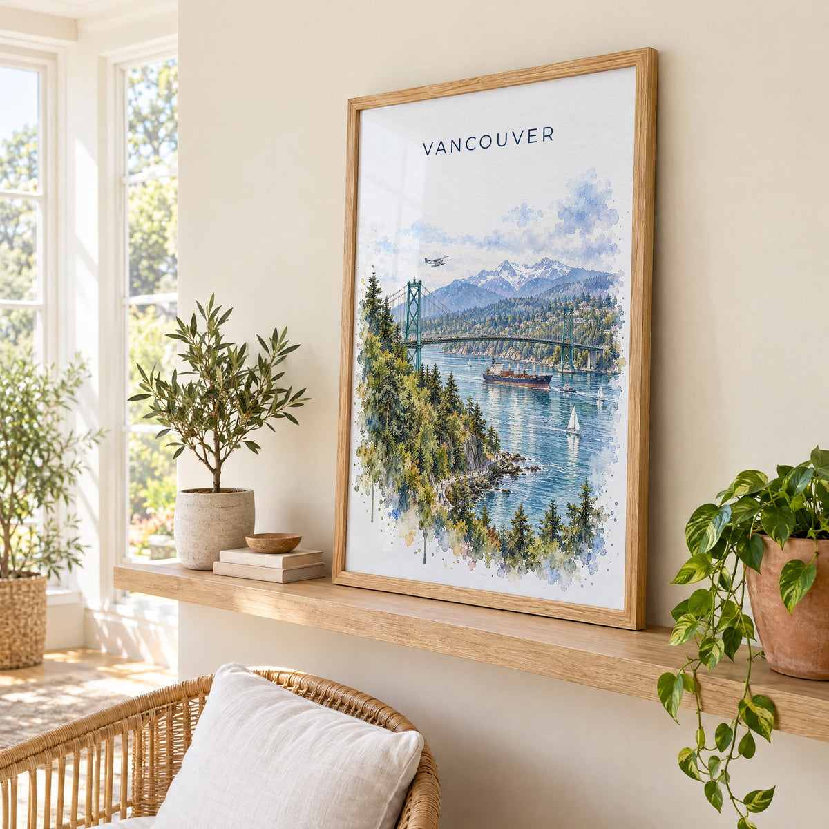 Vancouver watercolor print in an oak frame on a picture ledge in a sunlit sunroom