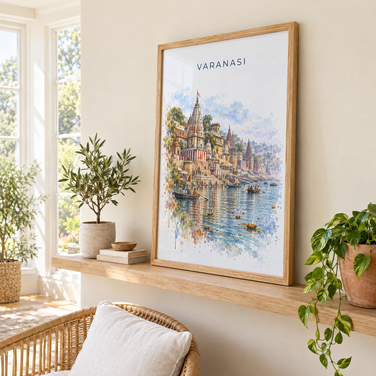 Varanasi watercolor print in an oak frame on a picture ledge in a sunlit sunroom