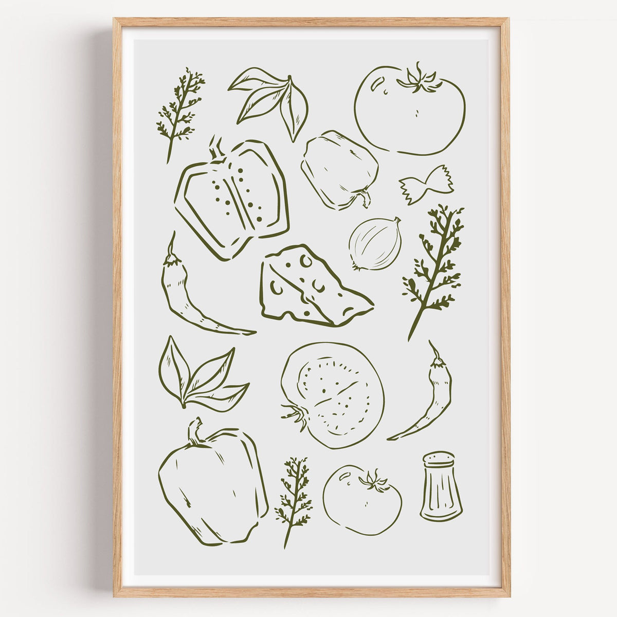 Olive line veggies and farfalle pattern in a light oak frame on a plain white wall