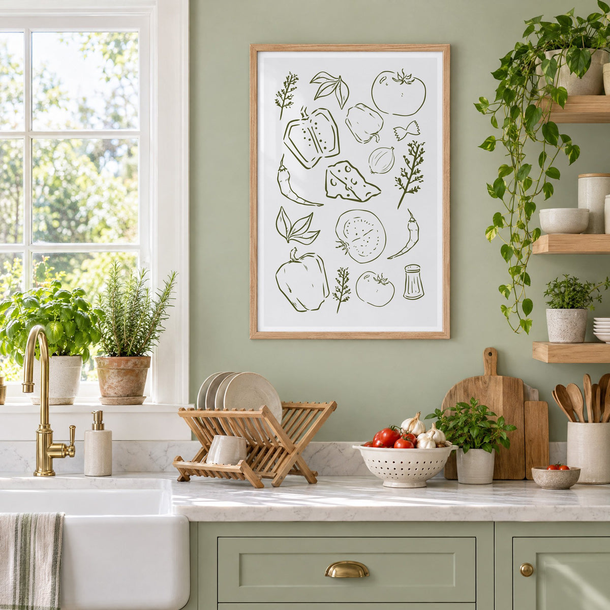 Olive line veggies and farfalle pattern in an oak frame on a sage green kitchen wall beside a farmhouse sink and herbs