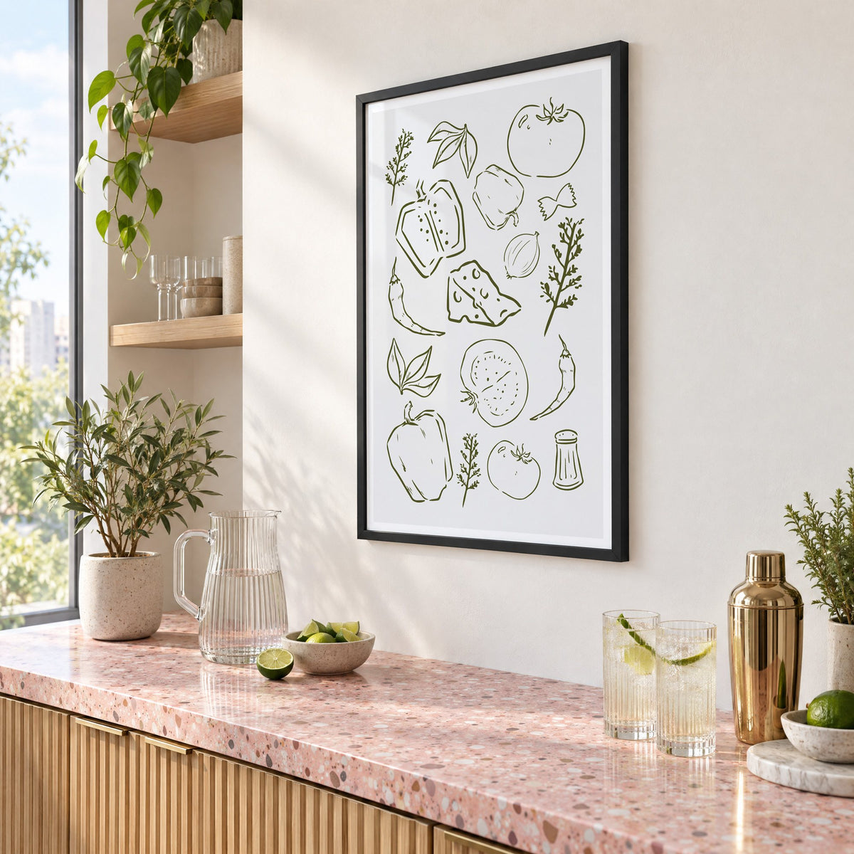 Olive line veggies and farfalle pattern in a black frame above a pink terrazzo cocktail counter with limes, seen at an angle