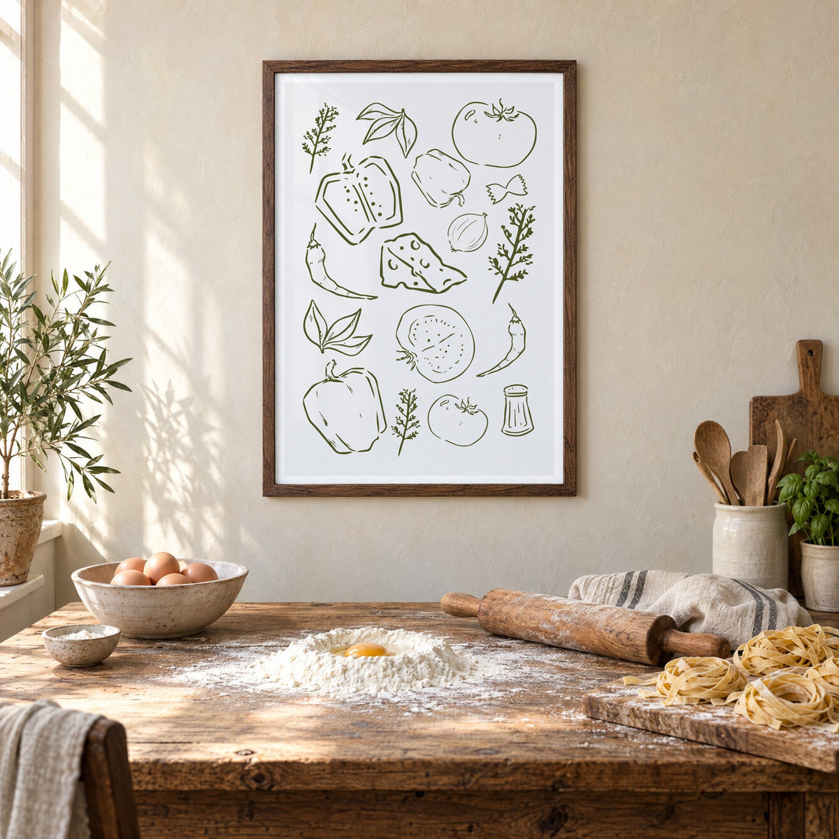 Olive line veggies and farfalle pattern in a walnut frame above a rustic table set for making fresh pasta