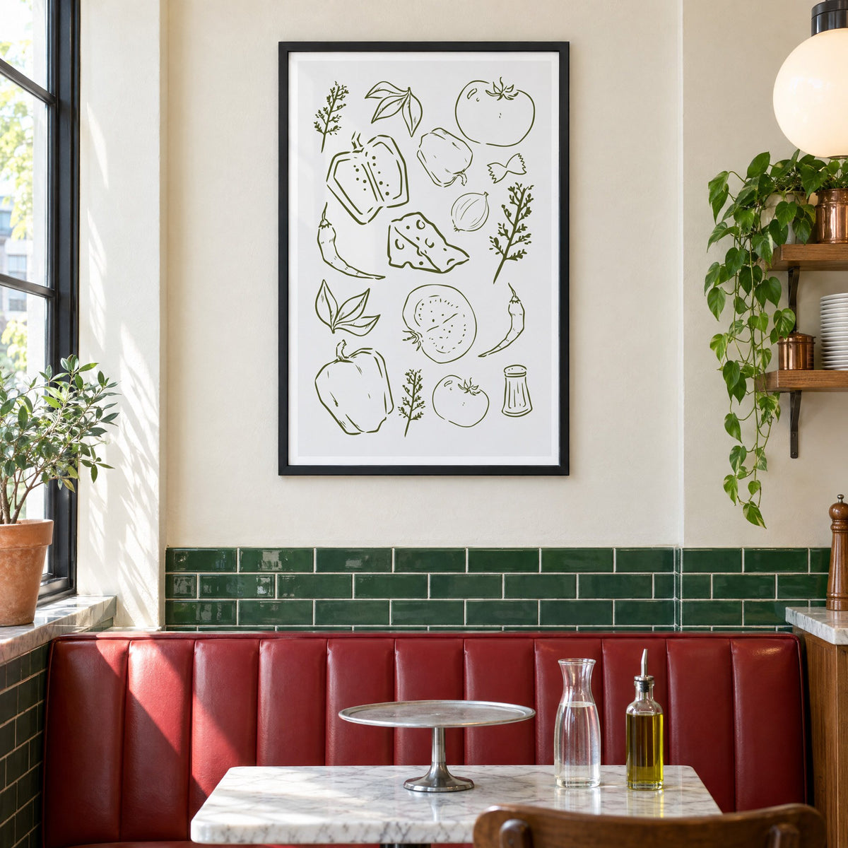 Olive line veggies and farfalle pattern in a black frame above a red leather booth in a sunny pizzeria