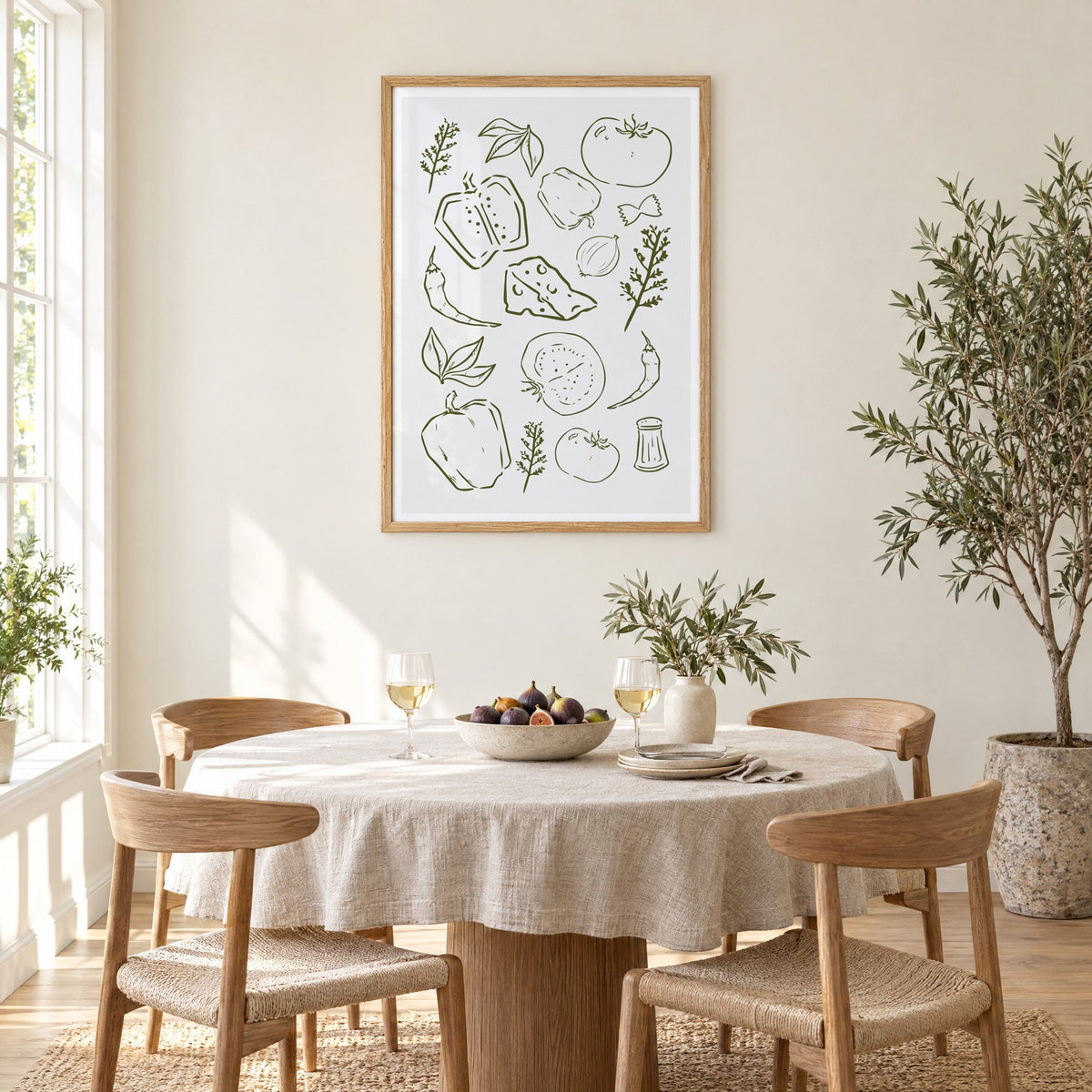 Olive line veggies and farfalle pattern in an oak frame above a round linen-covered dining table with figs and wine