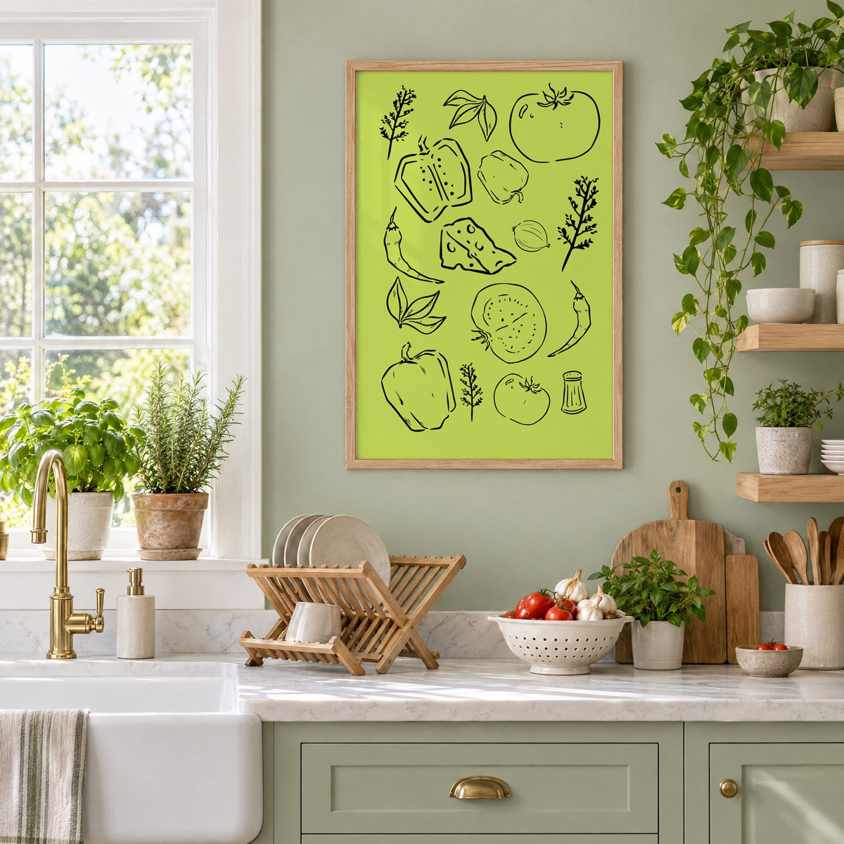 Veggie and cheese line art on green print in an oak frame on a sage green kitchen wall beside a farmhouse sink and herbs