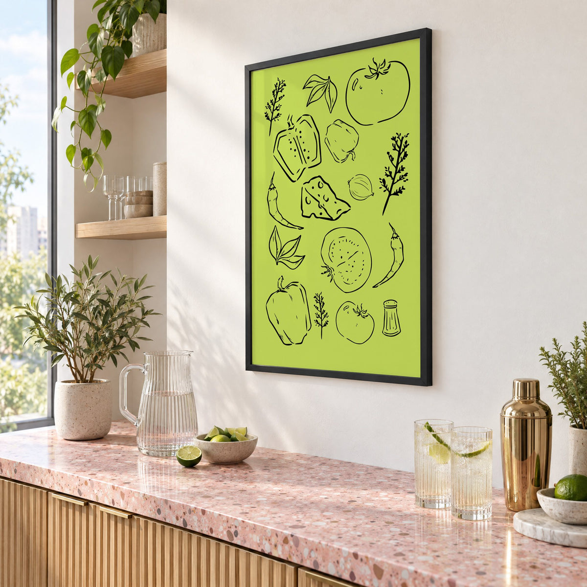 Veggie and cheese line art on green print in a black frame above a pink terrazzo cocktail counter with limes, seen at an angle