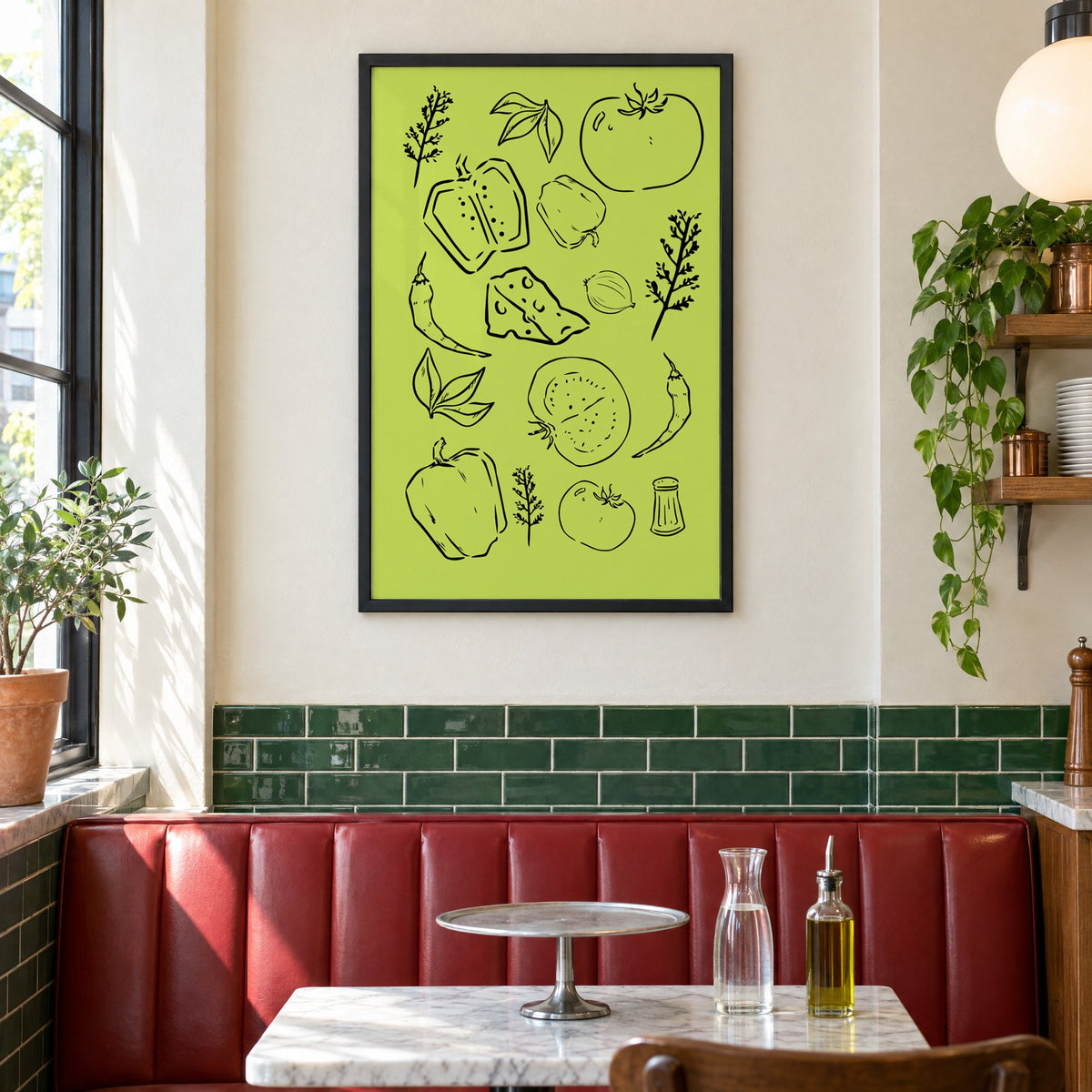 Veggie and cheese line art on green print in a black frame above a red leather booth in a sunny pizzeria