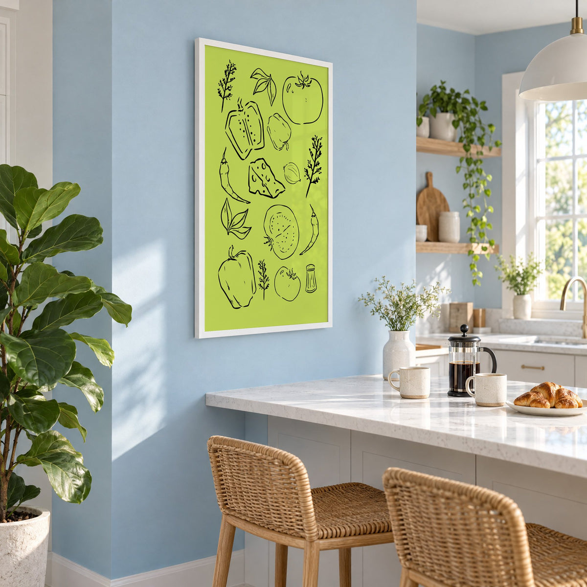 Veggie and cheese line art on green print in a white frame on a pale blue wall above a breakfast bar with rattan stools