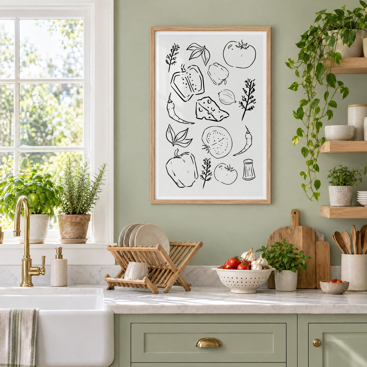 Veggie and cheese sketch on ivory print in an oak frame on a sage green kitchen wall beside a farmhouse sink and herbs