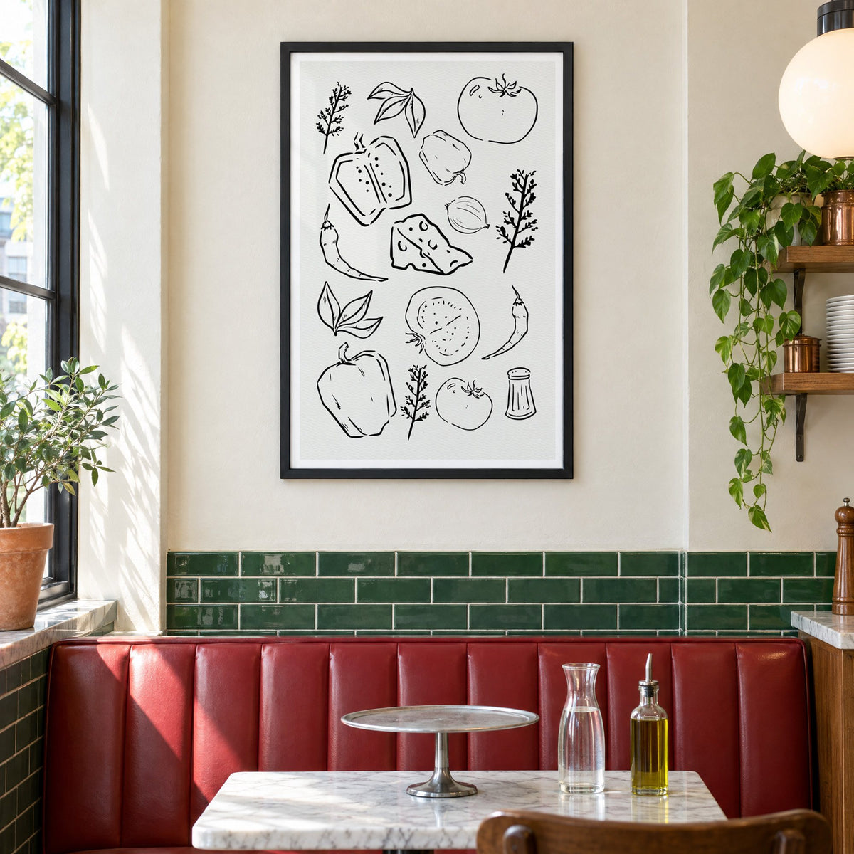 Veggie and cheese sketch on ivory print in a black frame above a red leather booth in a sunny pizzeria