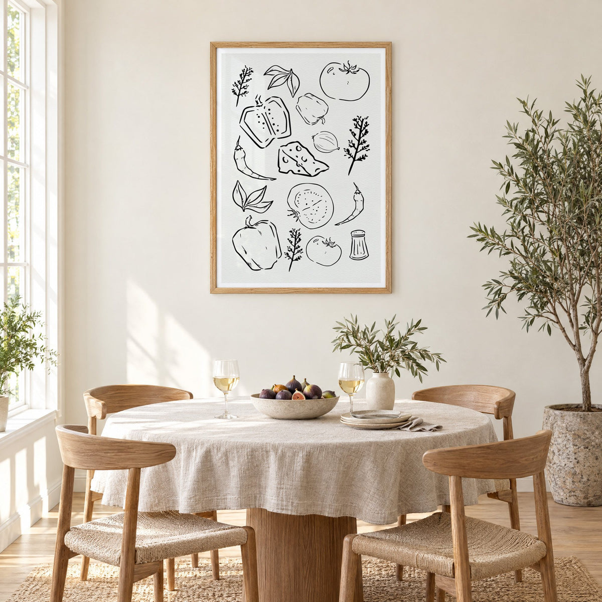 Veggie and cheese sketch on ivory print in an oak frame above a round linen-covered dining table with figs and wine