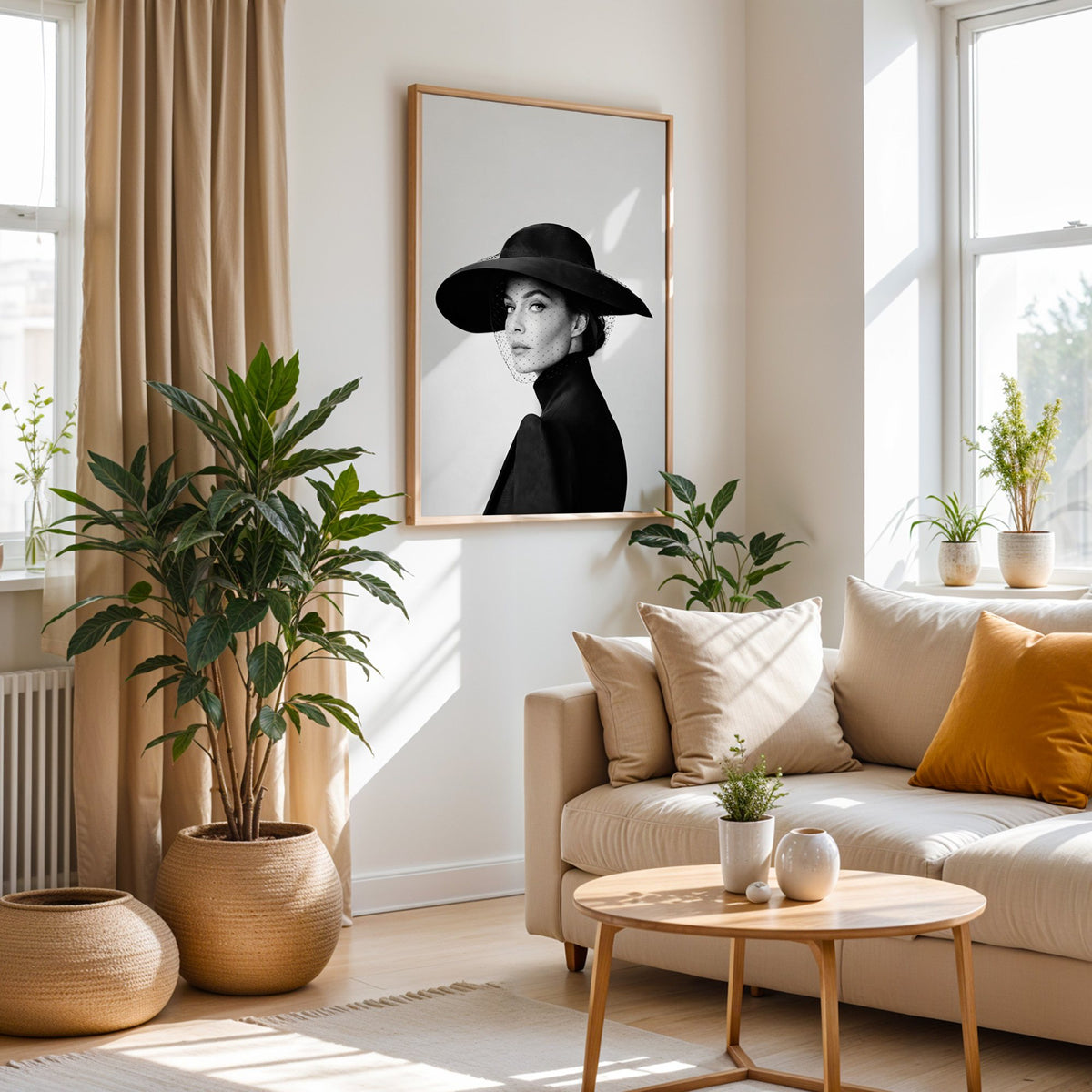 Woman in wide brim hat and mesh veil print in an oak frame above a cream sofa beside woven planters
