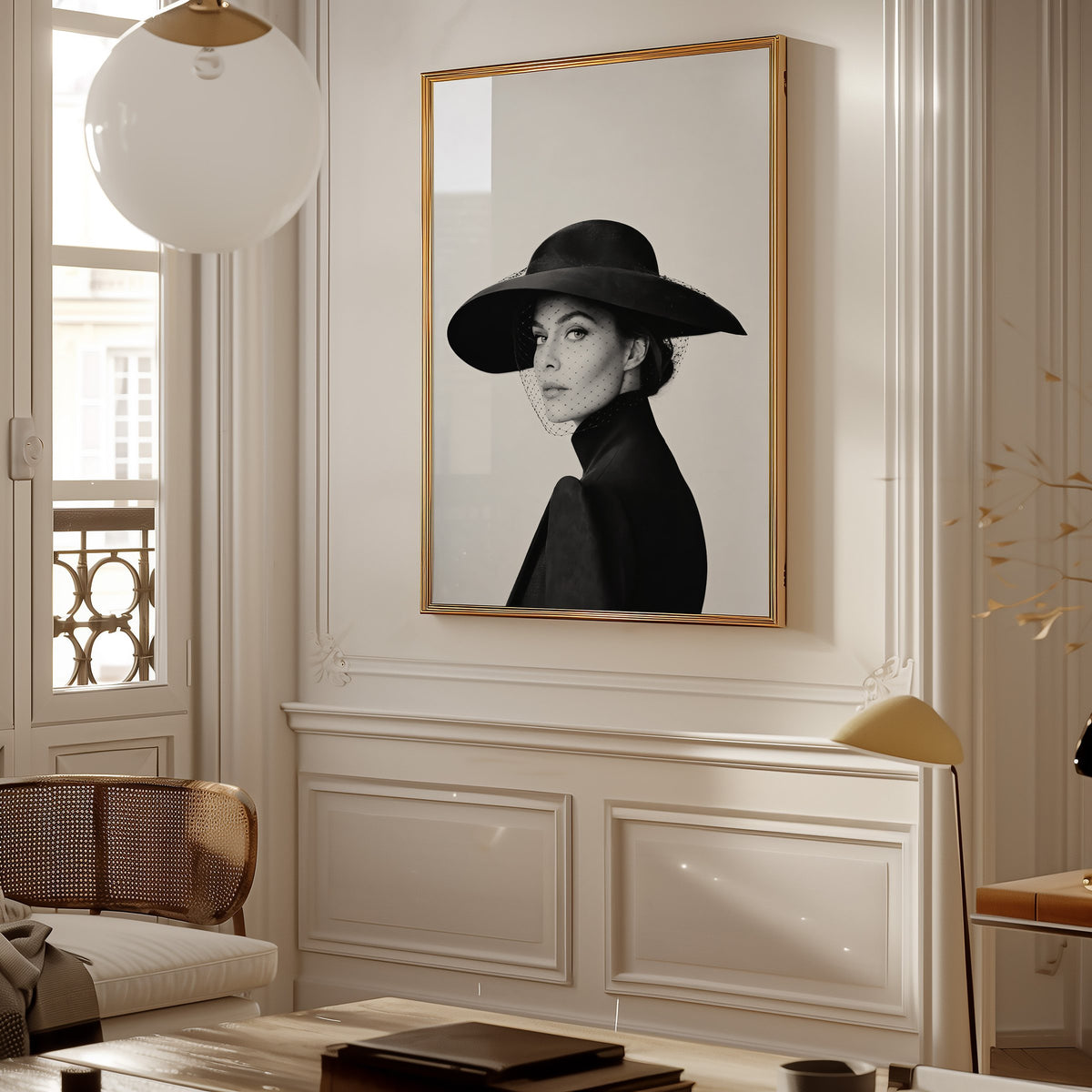 Woman in wide brim hat and mesh veil print shown in a gold frame in a Parisian paneled living room
