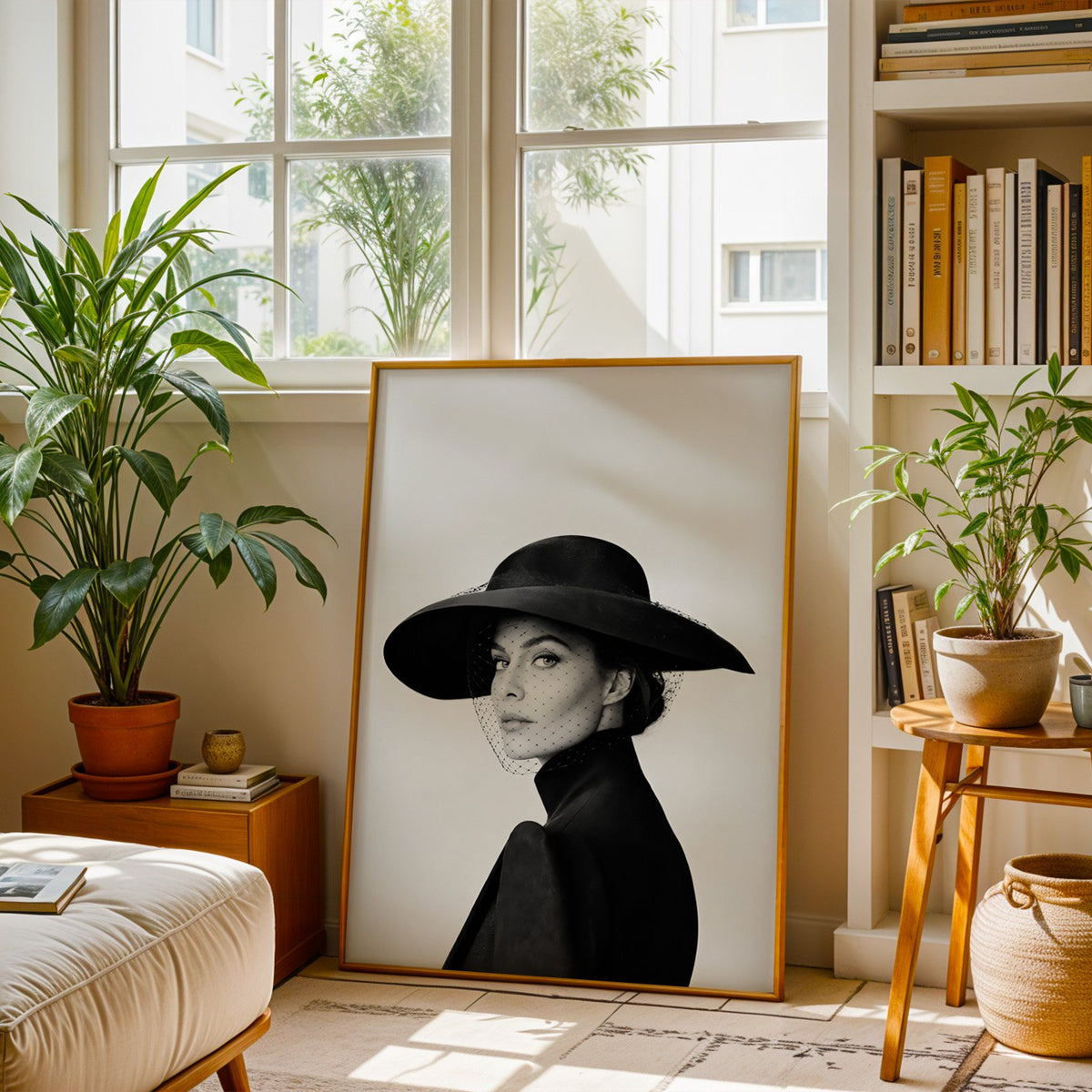 Woman in wide brim hat and mesh veil print shown in a brass frame leaning on a sunlit living room floor