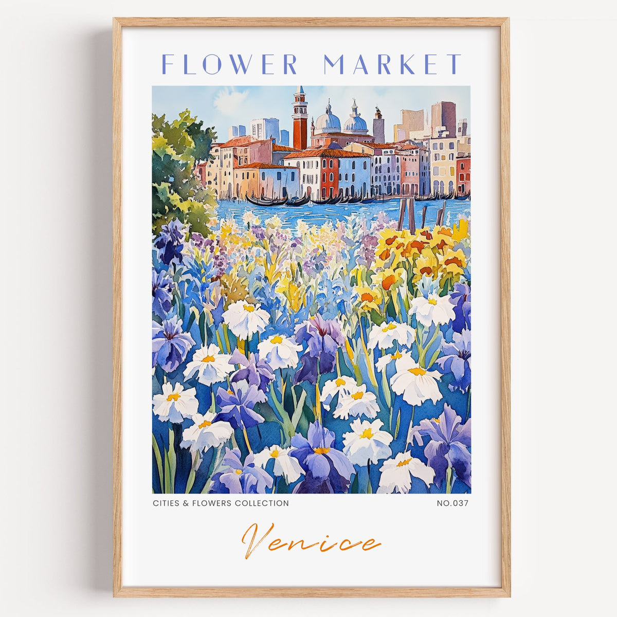 Venice flower market print in a light oak frame on a plain white wall
