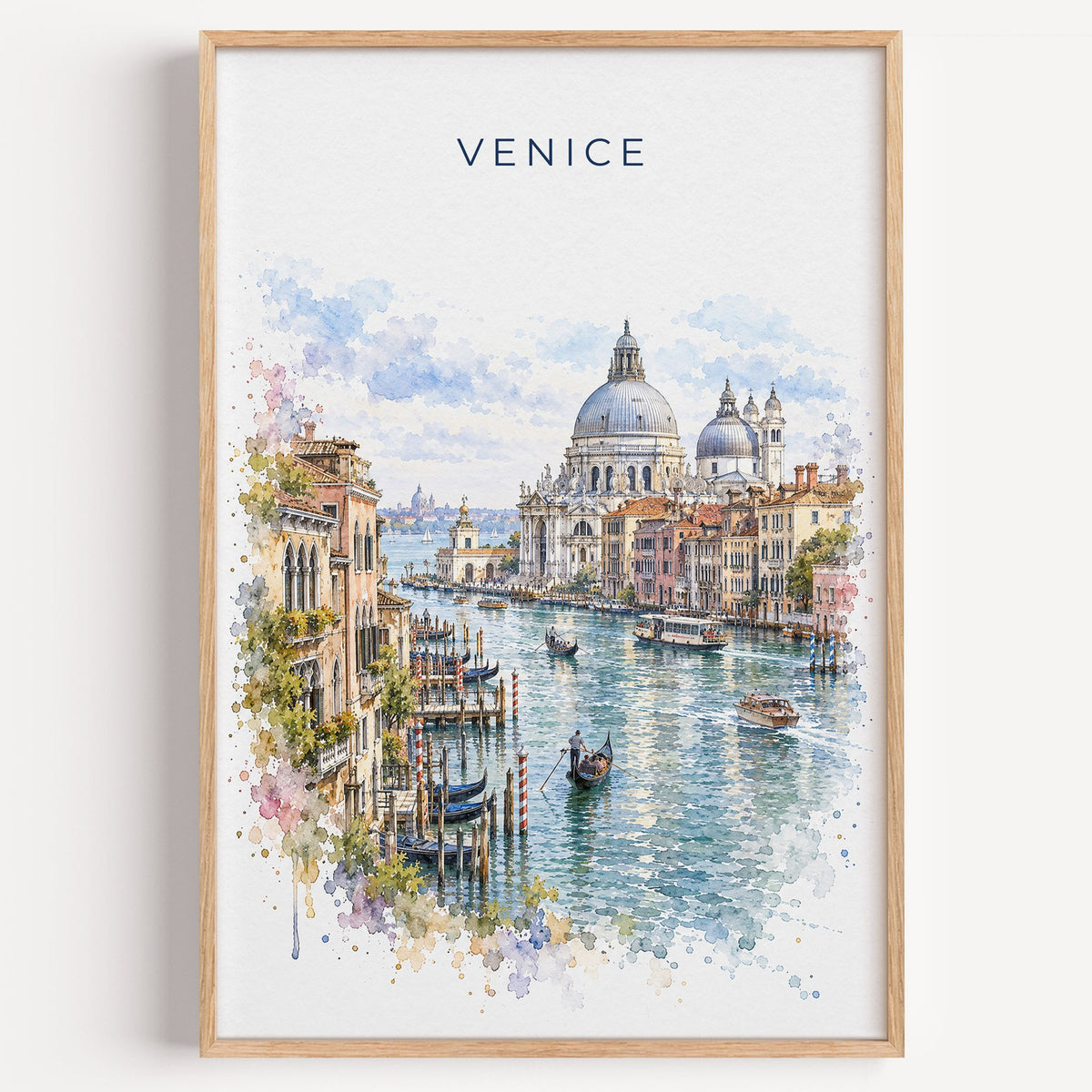 Venice watercolor print in a light oak frame on a plain white wall