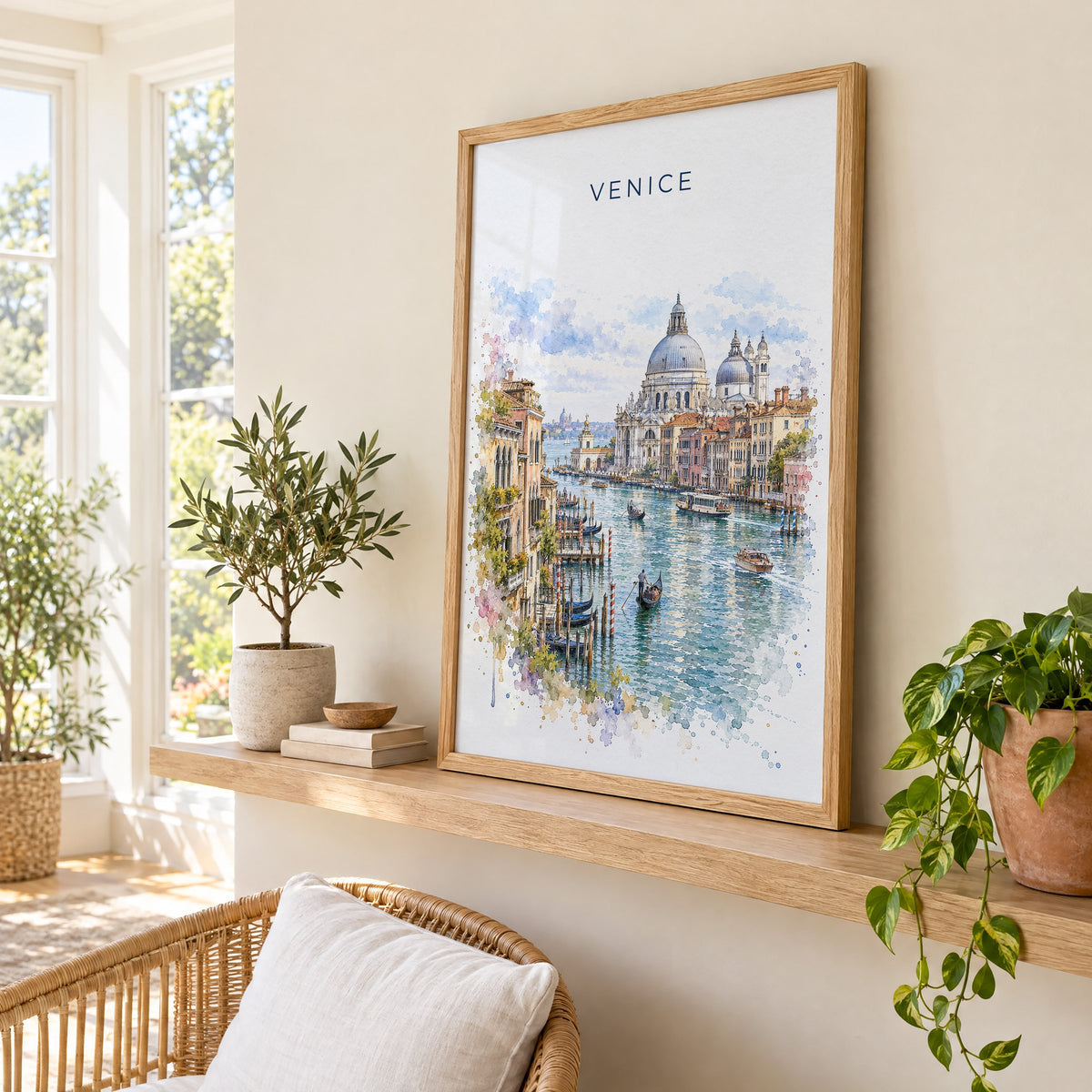 Venice watercolor print in an oak frame on a picture ledge in a sunlit sunroom