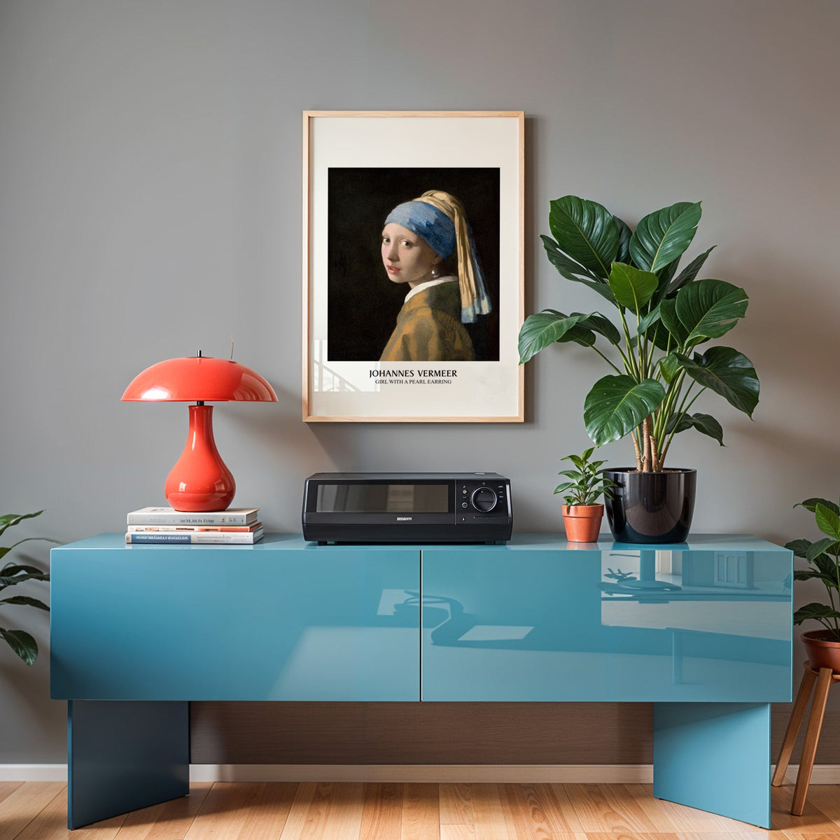 Vermeer poster in an oak frame above a teal sideboard with a red lamp
