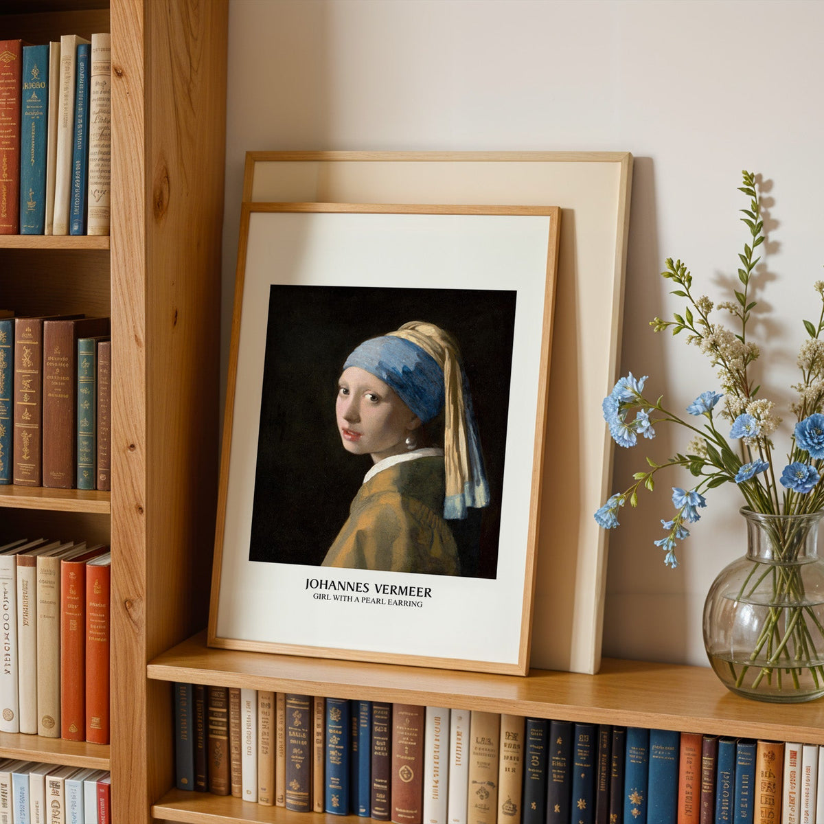 Vermeer portrait in an oak frame leaning on a bookshelf beside blue flowers