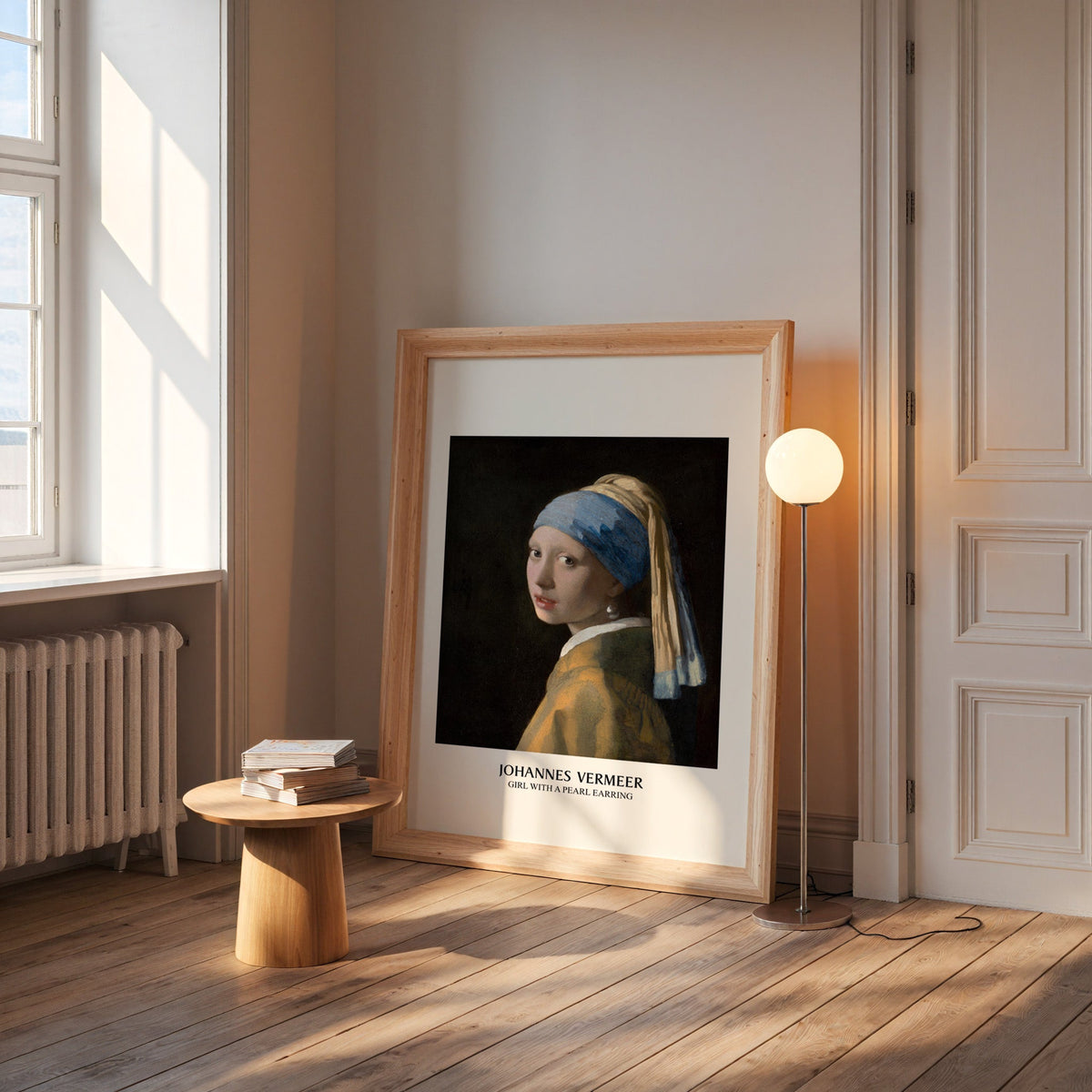 Vermeer portrait print in a wide pine frame leaning by a sunlit window