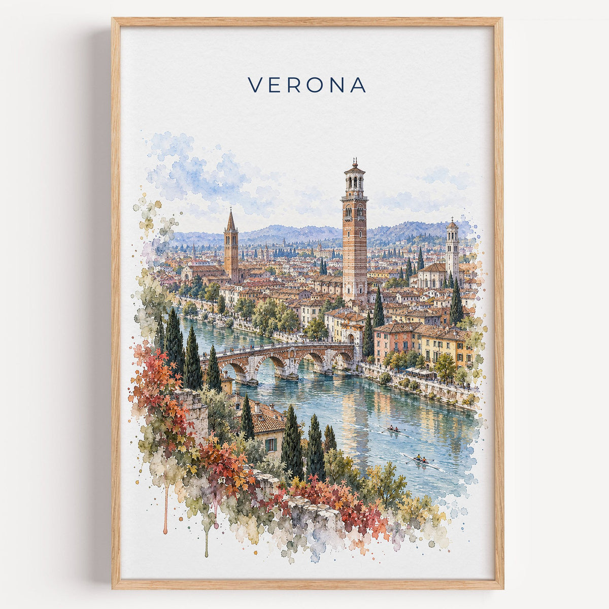 Verona watercolor print in a light oak frame on a plain white wall