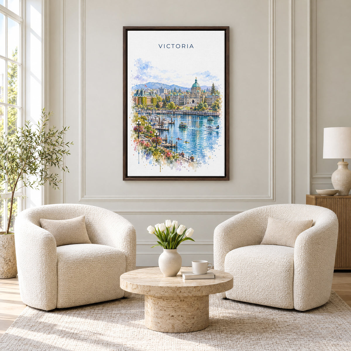 Victoria, Canada watercolor print as an espresso floater canvas above two boucle armchairs in a hotel lounge