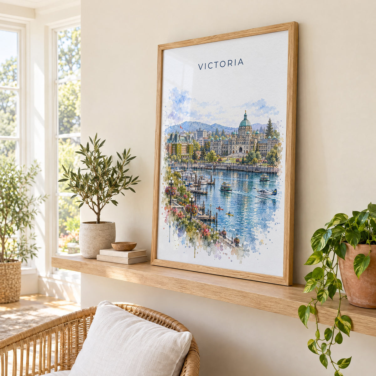 Victoria, Canada watercolor print in an oak frame on a picture ledge in a sunlit sunroom