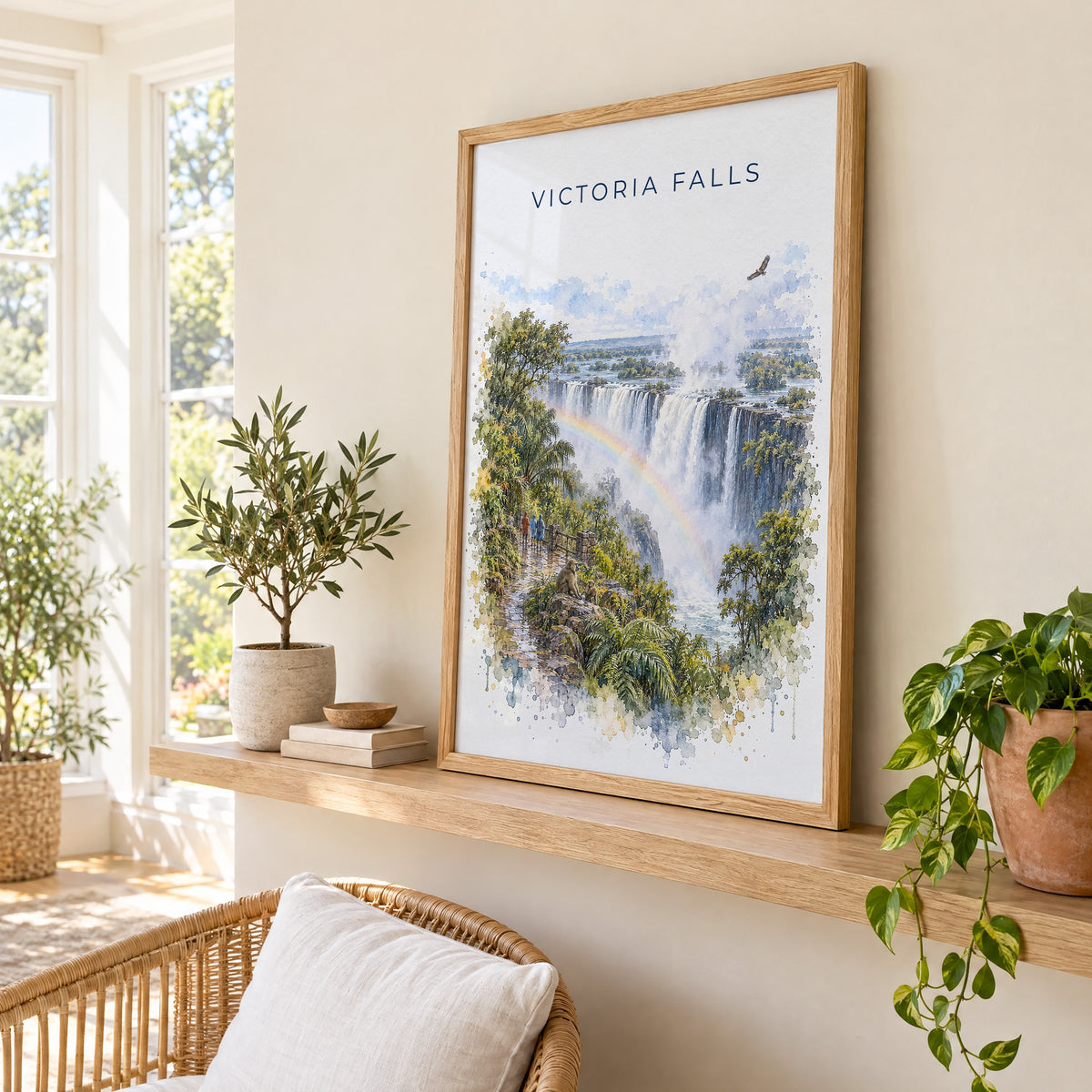 Victoria Falls watercolor print in an oak frame on a picture ledge in a sunlit sunroom