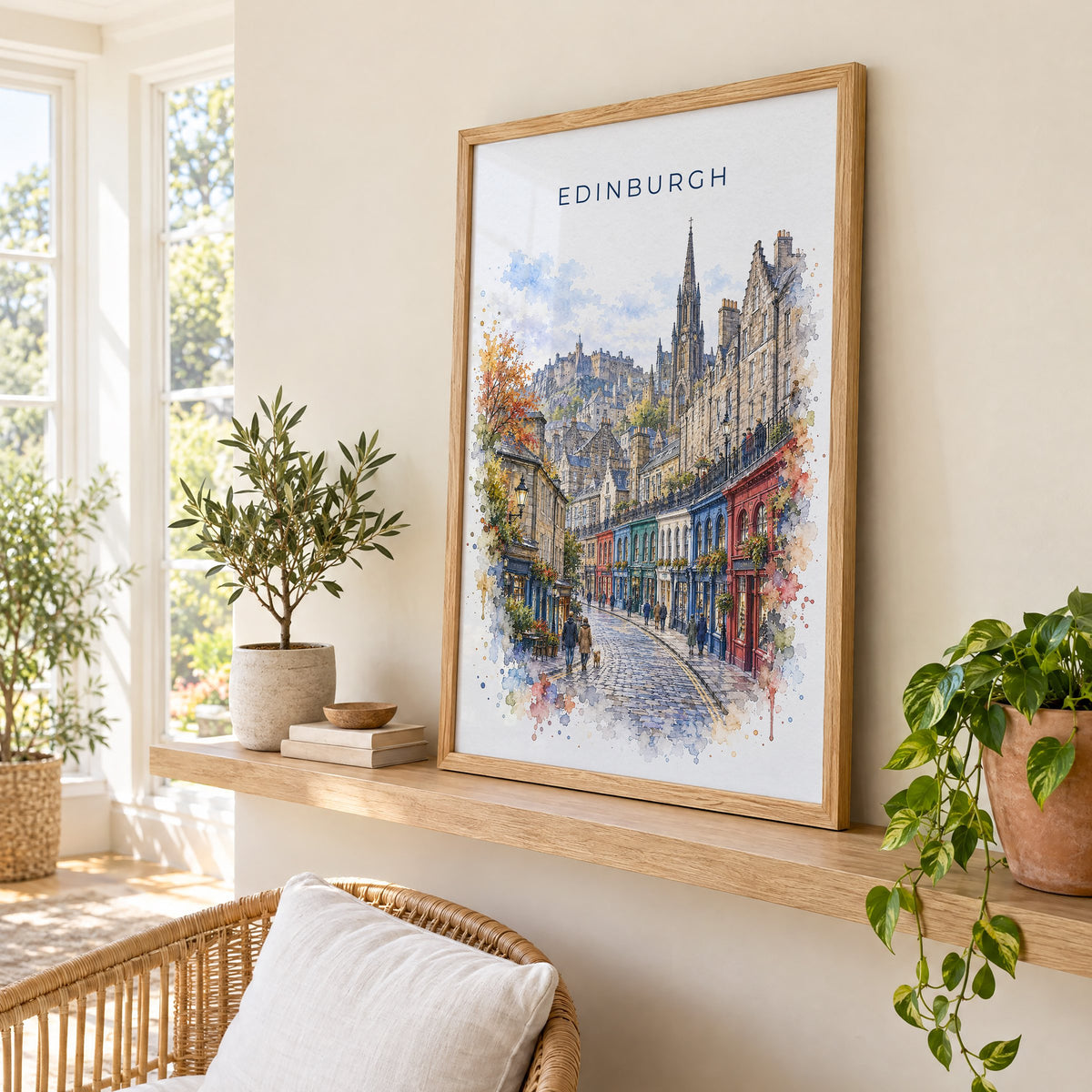 Victoria Street Edinburgh watercolor print in an oak frame on a picture ledge in a sunlit sunroom