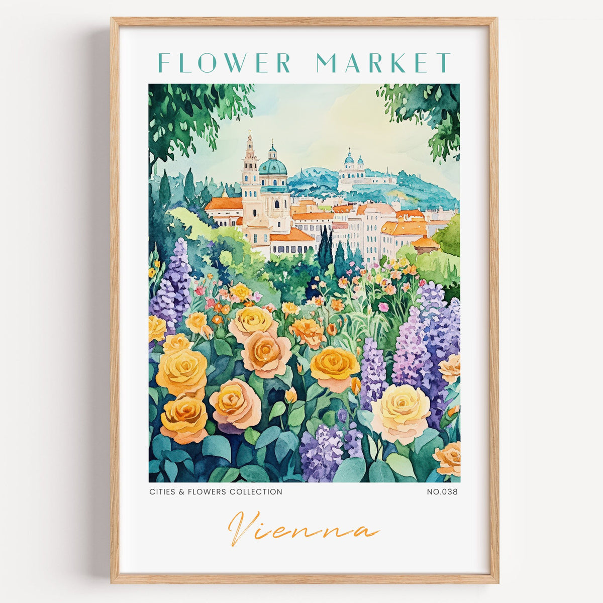 Vienna flower market print in a light oak frame on a plain white wall