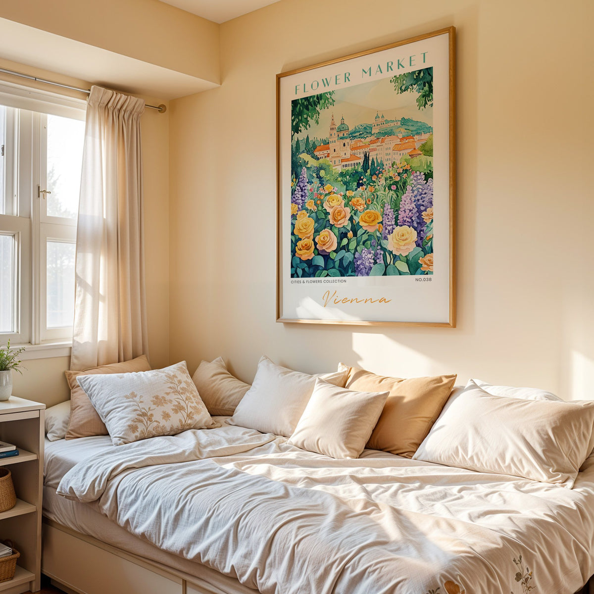 Vienna flower market print in an oak frame above a cream daybed in a sunny bedroom