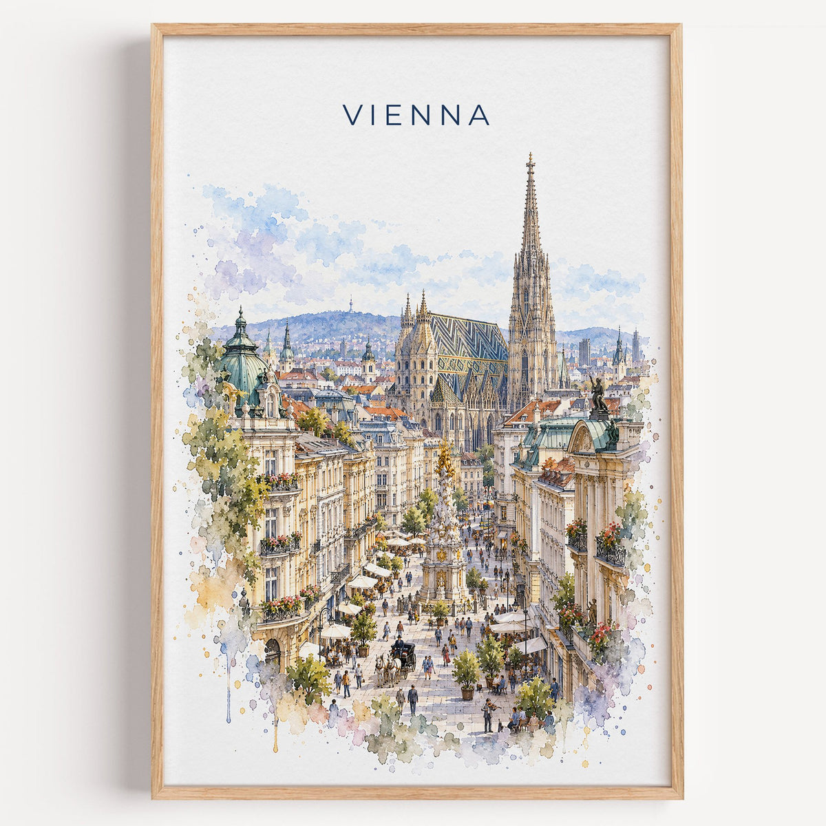 Vienna watercolor print in a light oak frame on a plain white wall