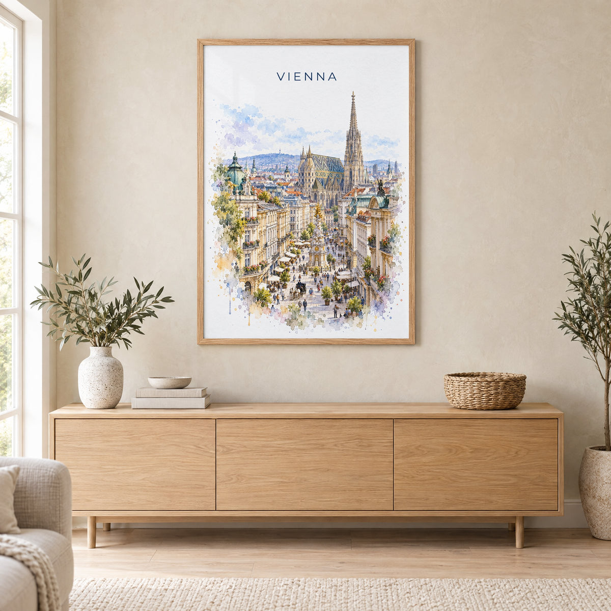 Vienna watercolor print in an oak frame above a light wood sideboard in a Scandinavian living room