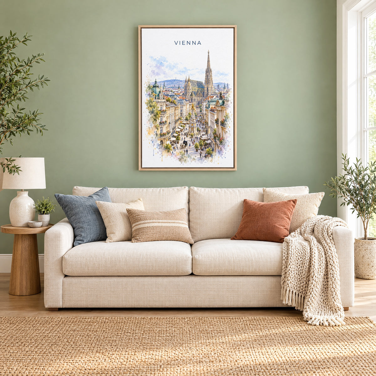 Vienna watercolor print as a natural floater canvas above a cream linen sofa on a sage green wall