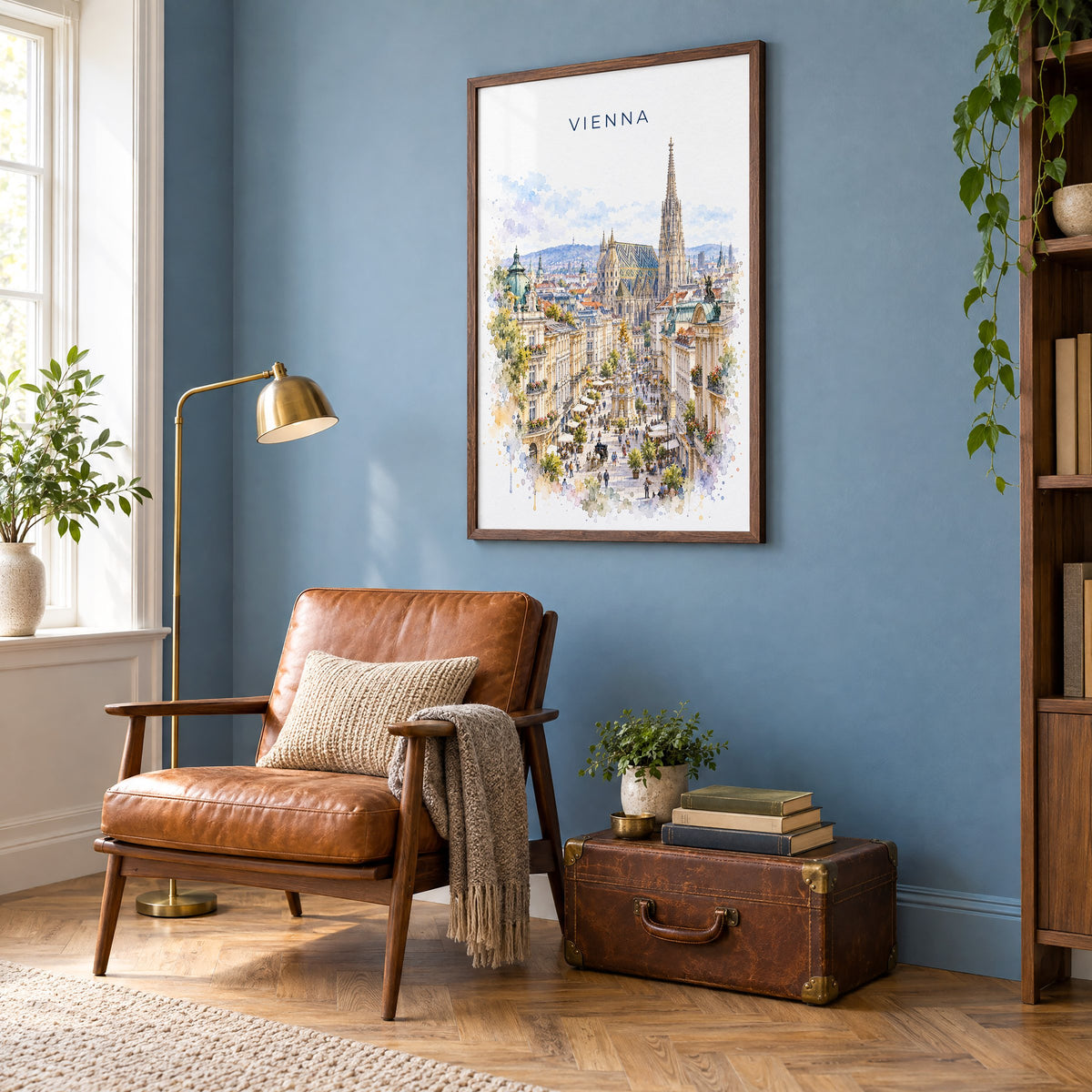 Vienna watercolor print in a walnut frame on a blue wall above a leather armchair in a reading nook