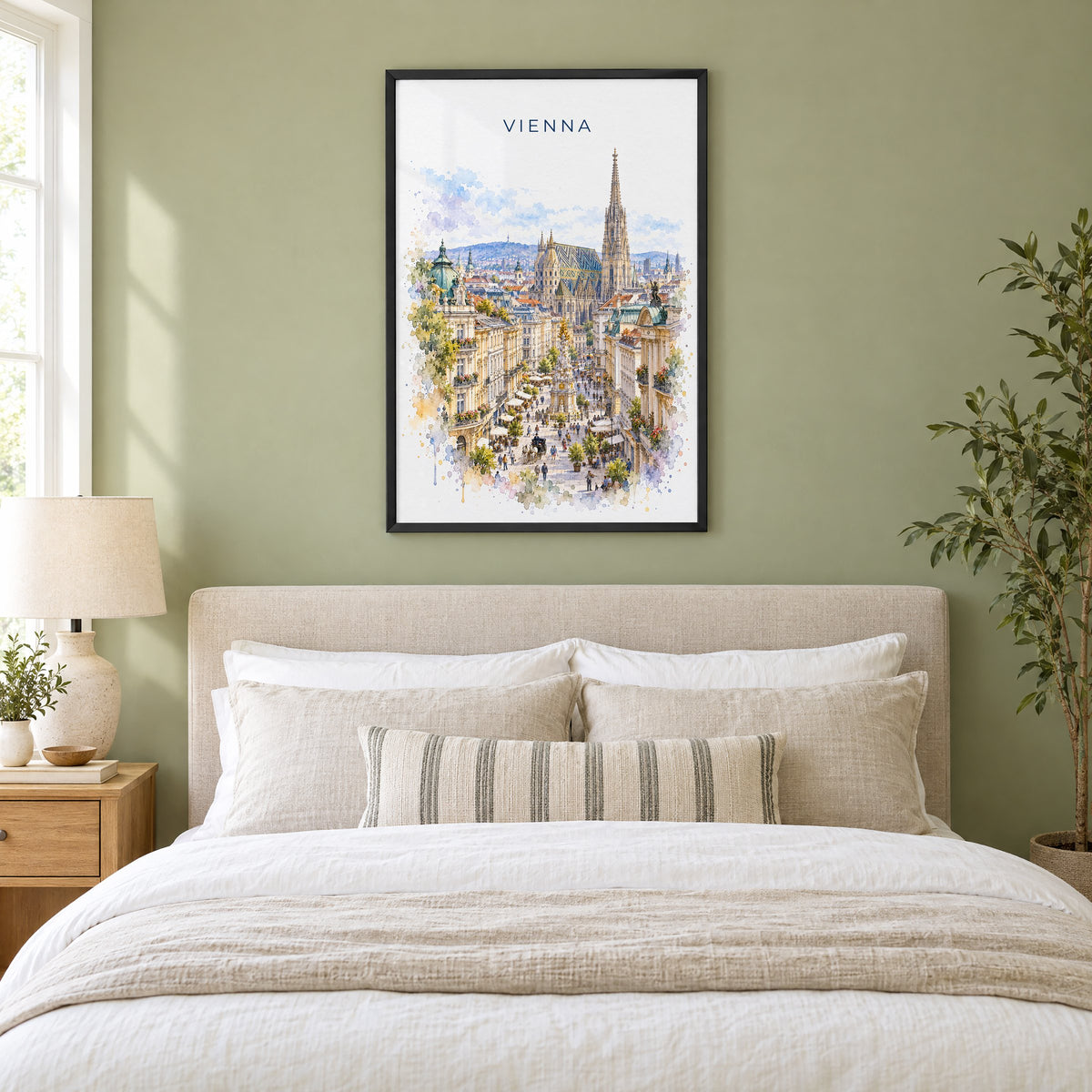 Vienna watercolor print in a black frame above an upholstered headboard in a sage green bedroom