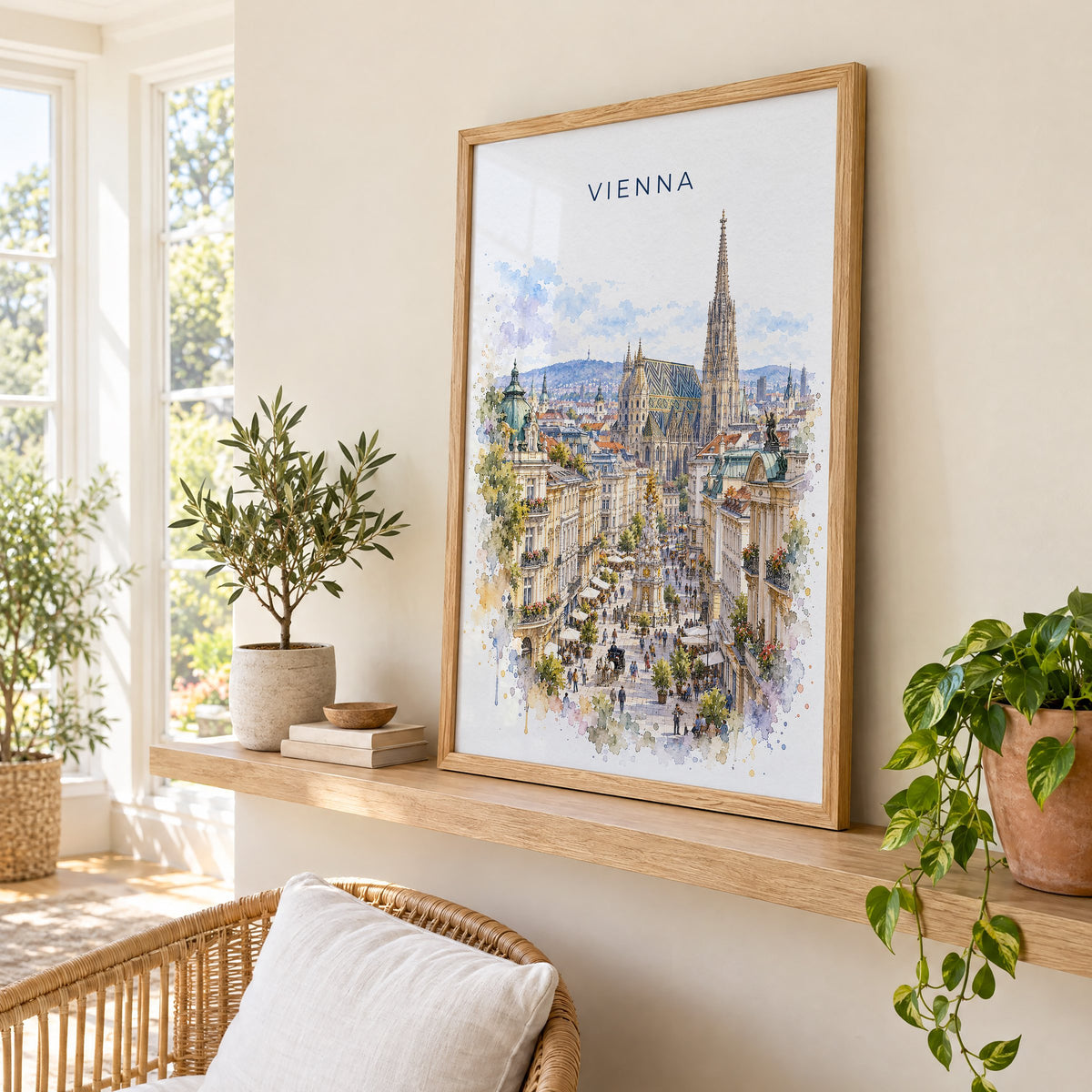 Vienna watercolor print in an oak frame on a picture ledge in a sunlit sunroom