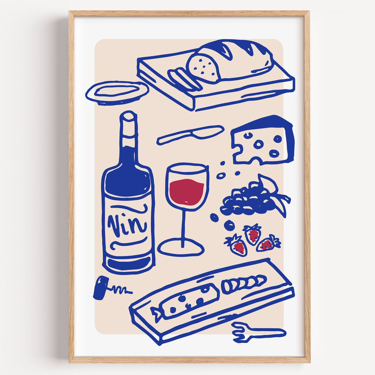 Vin wine and cheese spread print in a light oak frame on a plain white wall
