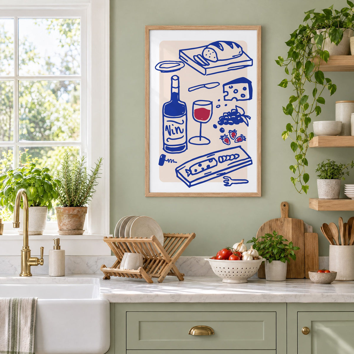 Vin wine and cheese spread print in an oak frame on a sage green kitchen wall beside a farmhouse sink and herbs