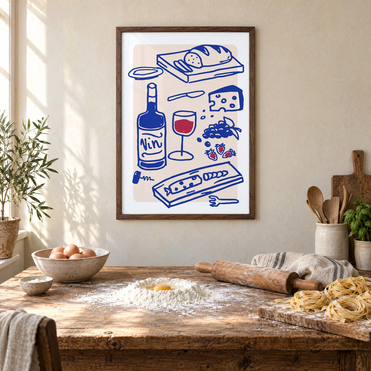 Vin wine and cheese spread print in a walnut frame above a rustic table set for making fresh pasta