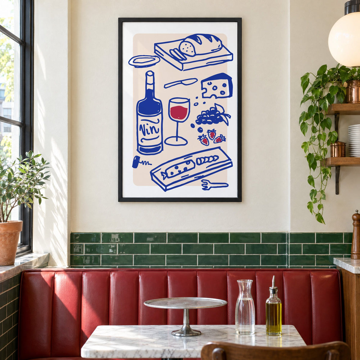 Vin wine and cheese spread print in a black frame above a red leather booth in a sunny pizzeria