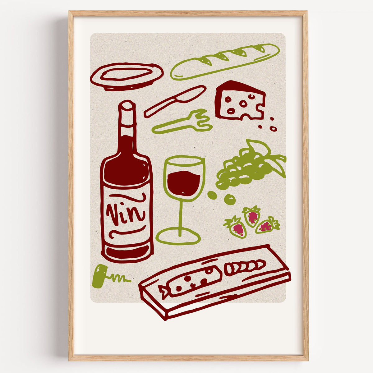 Vin wine picnic doodle print in a light oak frame on a plain white wall