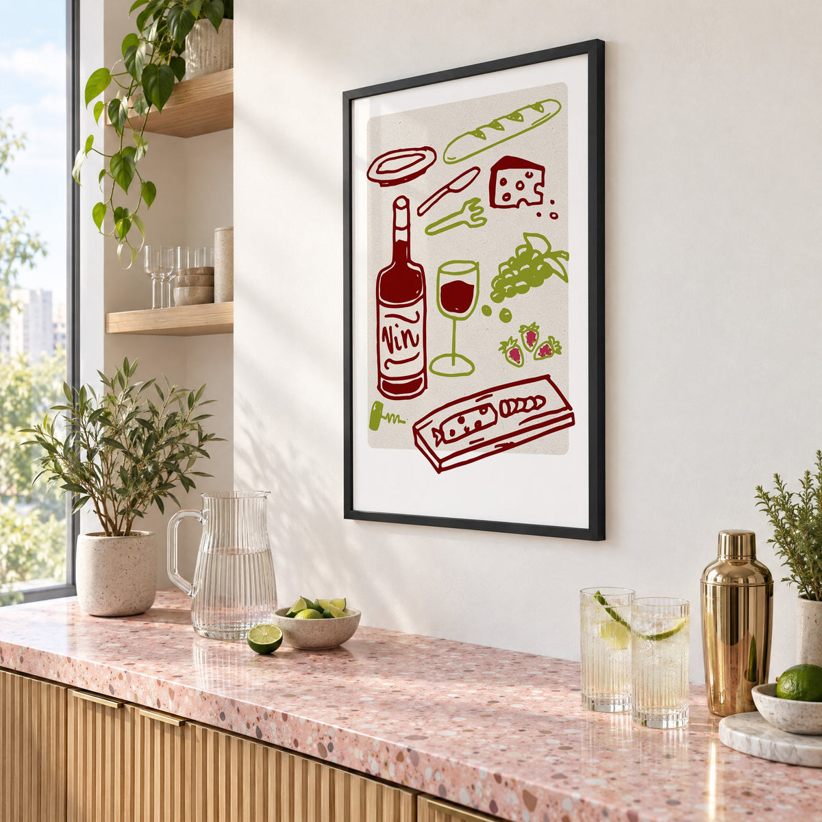 Vin wine picnic doodle print in a black frame above a pink terrazzo cocktail counter with limes, seen at an angle