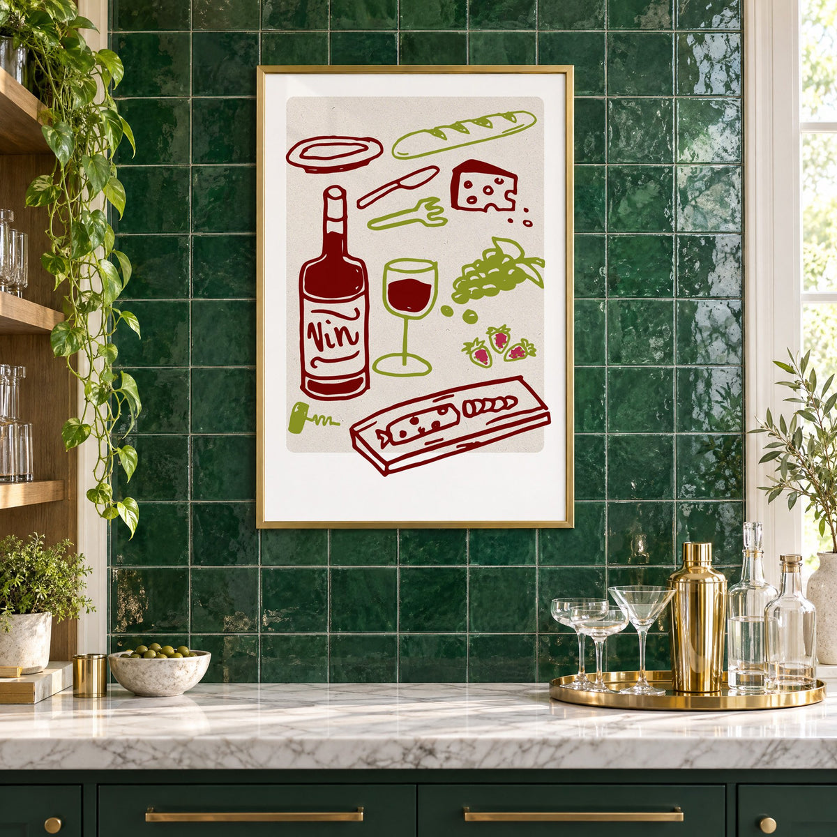 Vin wine picnic doodle print in a brass frame on emerald green tiles above a home bar with coupe glasses