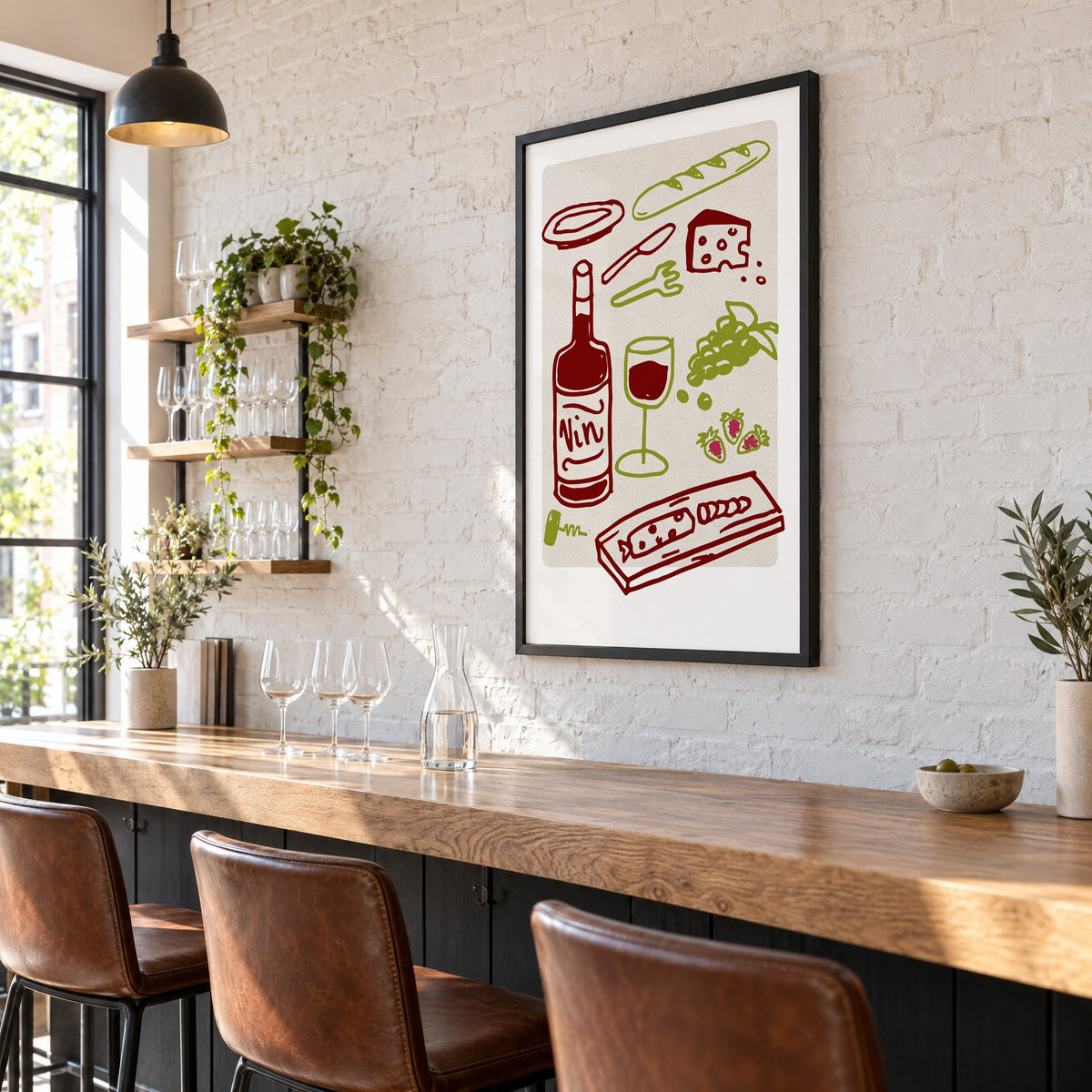 Vin wine picnic doodle print in a black frame on a white brick wall above a wine bar counter